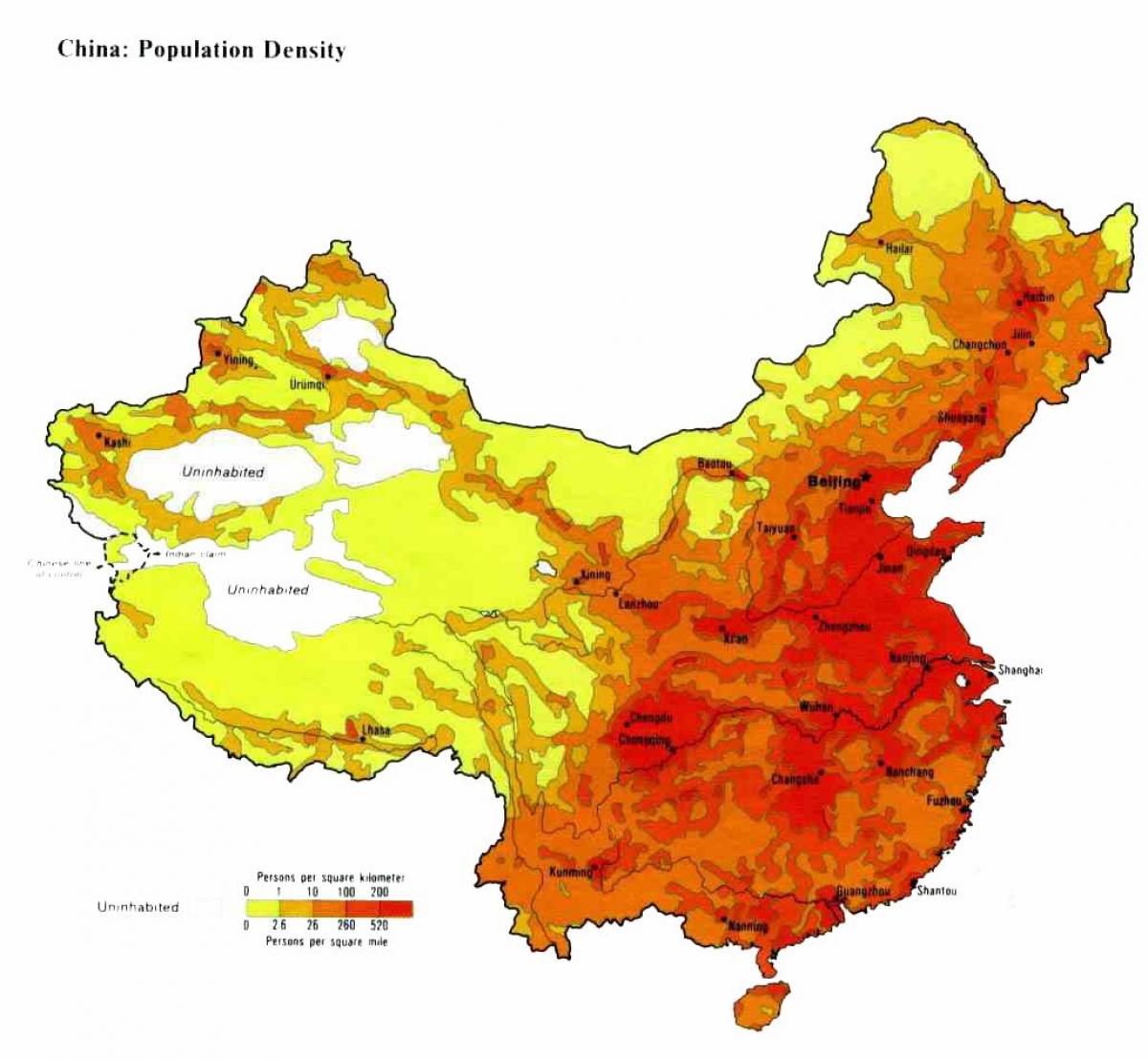 biztanleriaren dentsitatea mapa Txina