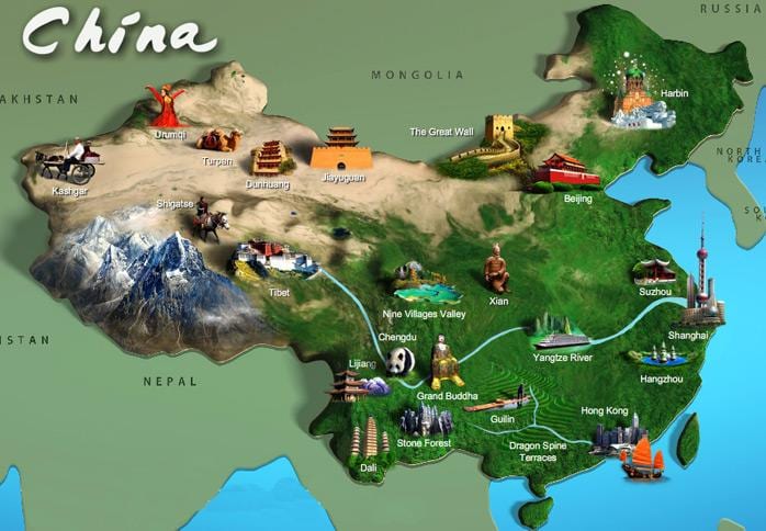 mapa Txinako turismo erakargarritasun